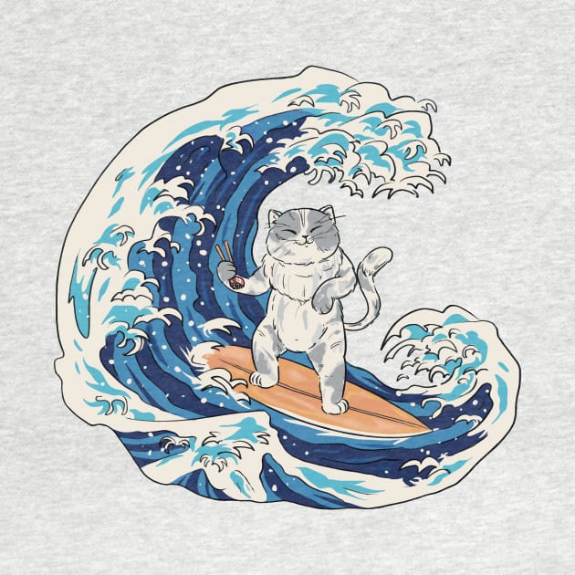 Funny Retro Surfing Sushi Cat Riding a Great Wave by SLAG_Creative